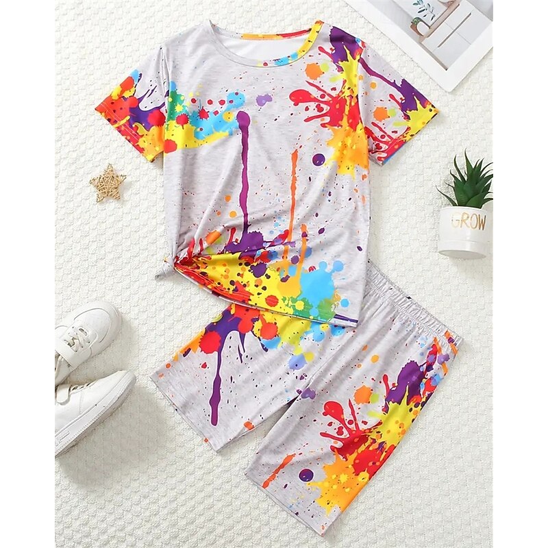 Boys 3D Rainbow T-shirt & Shorts Set Short Sleeve Summer Spring Sports Fashion Daily Kids 4-12 Years Crew Neck Outdoor Vacation Sports Tailored Fit