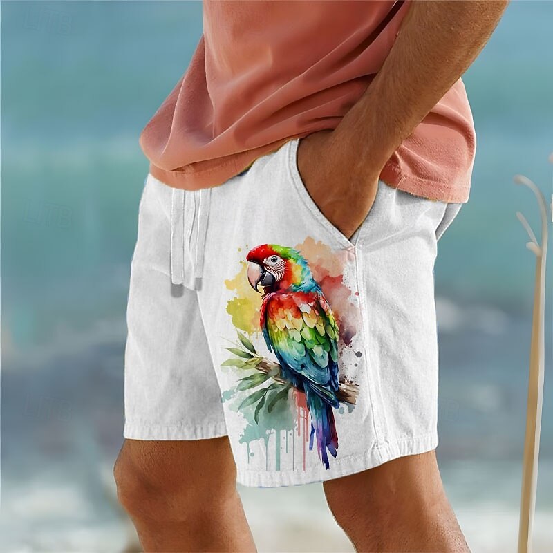 Men's Bird Parrot Cotton Linen Shorts Shorts Mid Waist Hawaiian Vintage Retro Vacation Dailywear Holiday Drawstring Pocket Elastic Waist Designer Clothing Apparel2