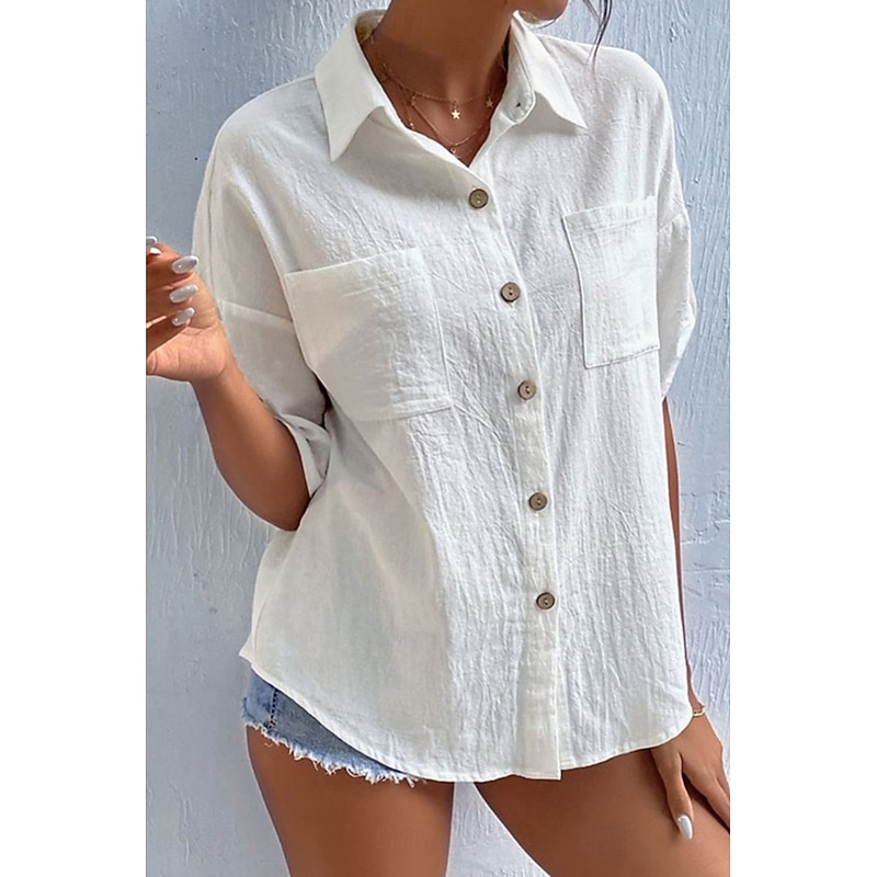 Women's Shirt Cotton Linen Shirts Button Up Blouse Plain Basic Casual Short Sleeve Shirt Collar Regular Tops Holiday Going out Buttons Pocket Black White Navy Blue Khaki Gray Summer