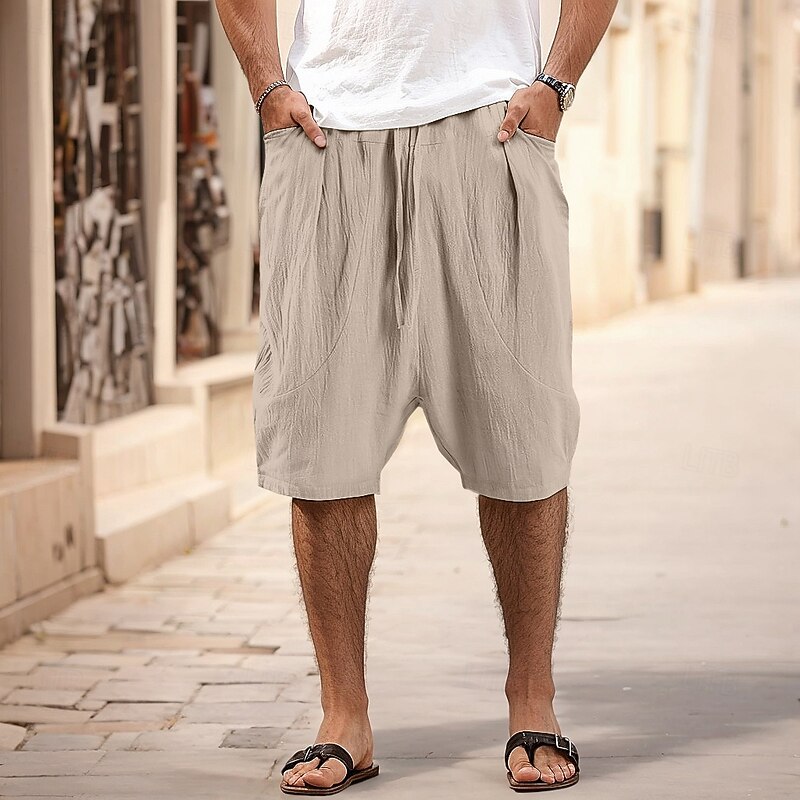 Men's Linen Pants Capri Pants Trousers Summer Pants Beach Pants Pocket Elastic Waist Plain Comfort Breathable Vacation Daily Holiday Hawaiian Boho Black Pink2