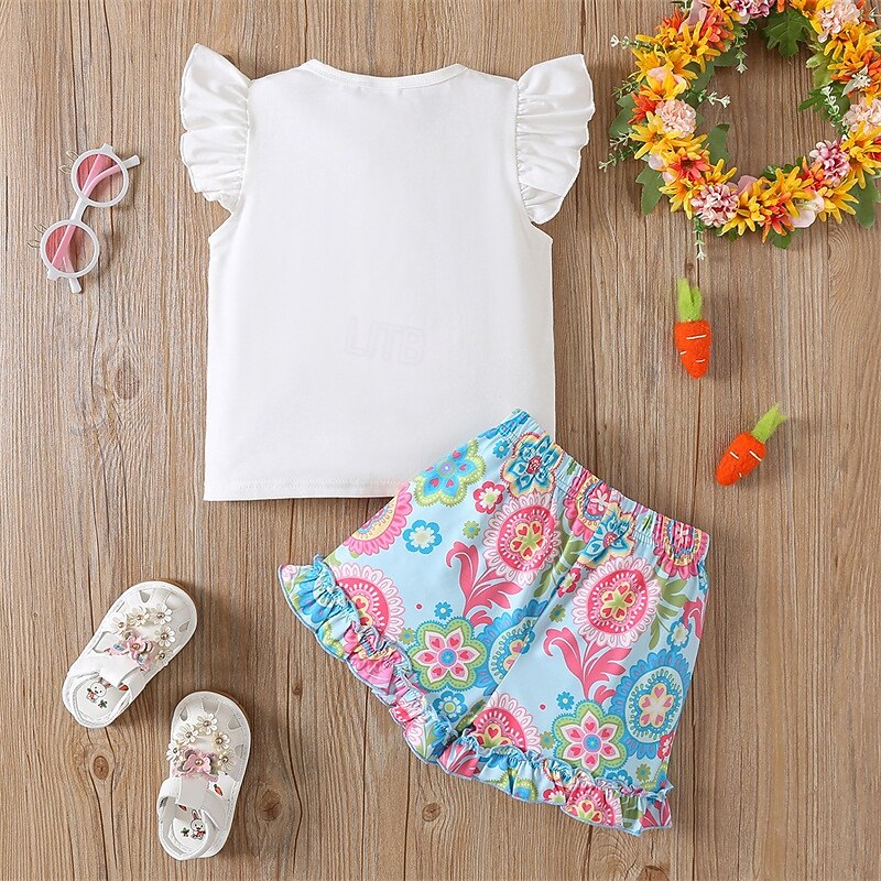 2 Pieces Kids Girls' Easter Rabbit Ruffle Tank Top & Shorts Set Set Sleeveless Fashion Outdoor 4 years+ Summer White2