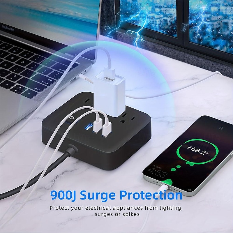 1Pcs Power Strip Surge Protecto Flat Plug Desktop Charging Station With Overload Protection For Home Office Travel Computer4