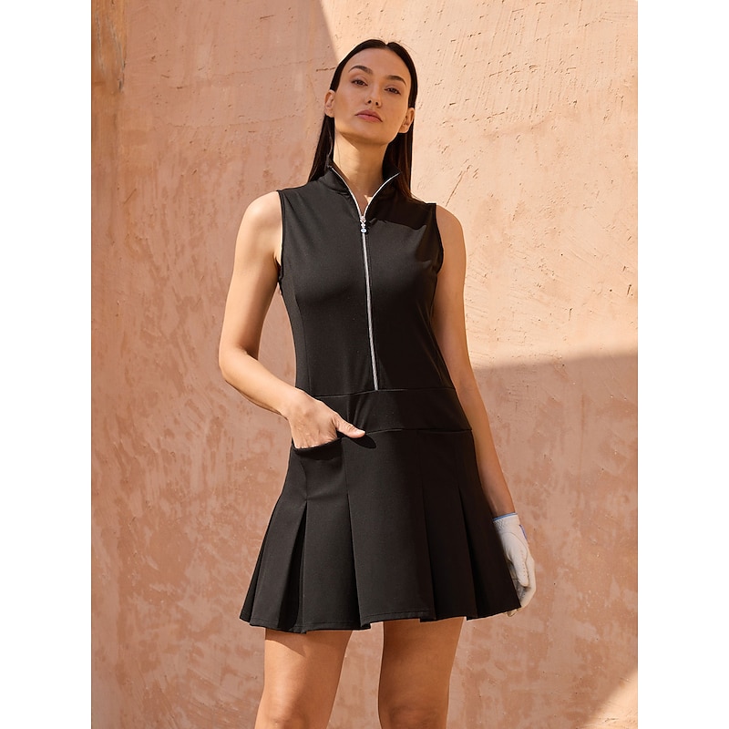 Women's Golf Dress Black White Sleeveless Dress Ladies Golf Attire Clothes Outfits Wear Apparel