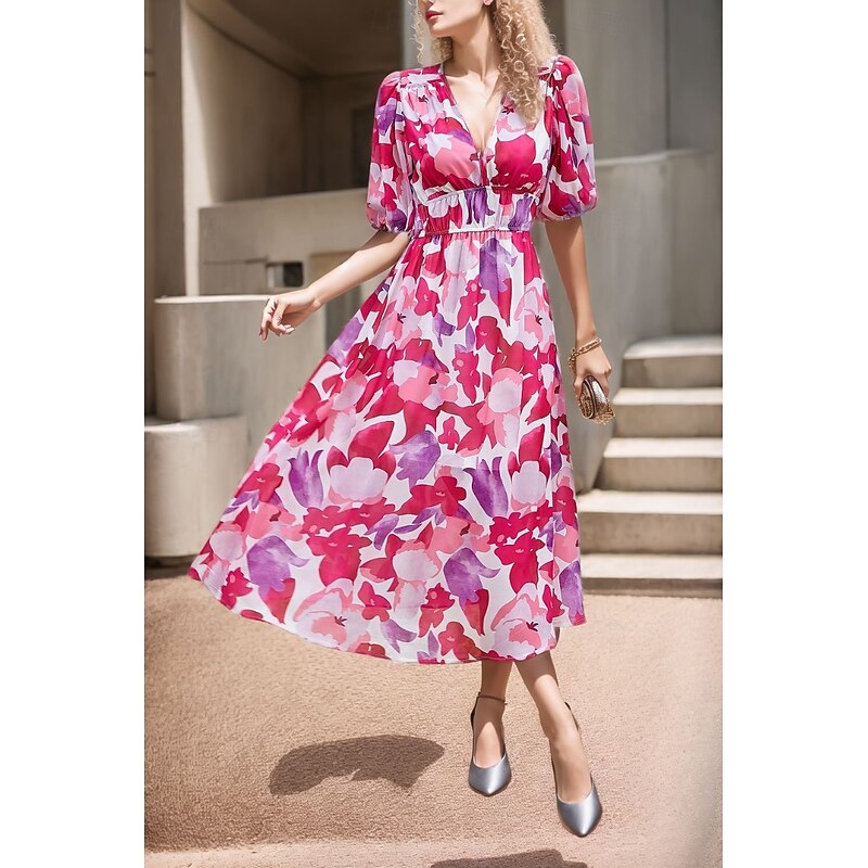 Women's Midi Dress Graduation Dress Floral Dress Fashion Outdoor Graduation Going out Regular Fit Flower Short Sleeve V Neck Black Light Green Red Blue Summer2