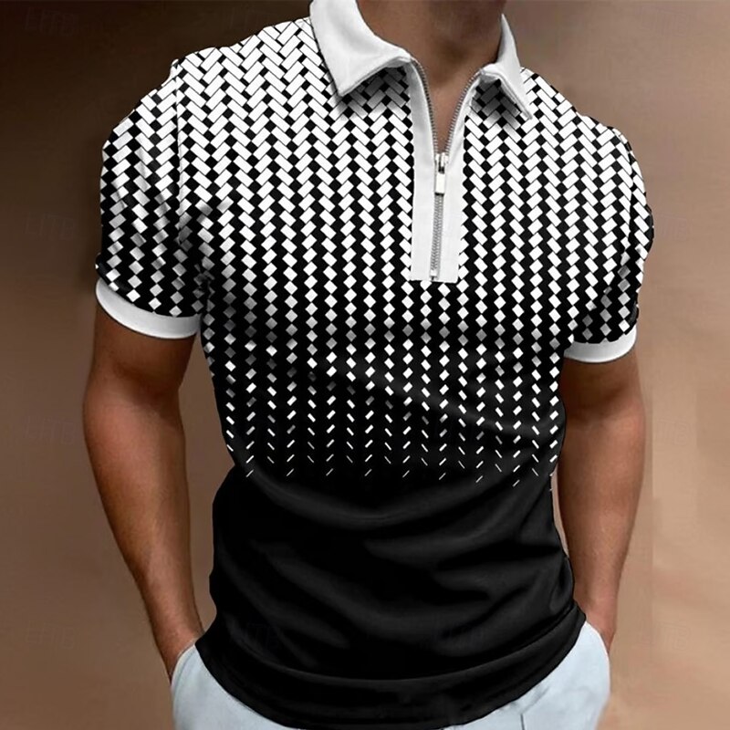 Men's Geometic Zip Polo Short Sleeve Turndown Casual Daily Outdoor Athleisure Casual Daily Zipper Summer Black