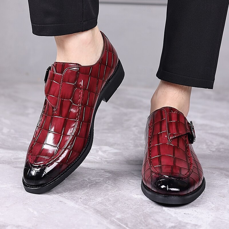 Men's Burgundy Crocodile Pattern Faux Leather Dress Shoes with Buckle, Elegant Footwear for Formal & Business Occasions4