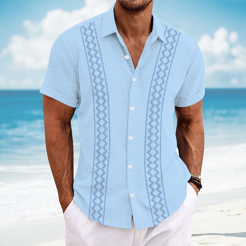 Men's Geometric Shirt Guayabera Shirt Button Up Shirt Short Sleeve Fashion Casual Vacation Dailywear Beach Wear Summer Spring Turndown Collared Shirts White Pink Blue Green