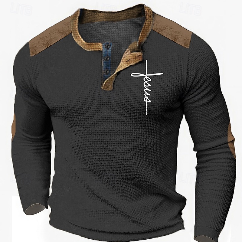 Men's Graphic Faith Henley Shirt Waffle T Shirt Long Sleeve 3D Print Fashion Designer Casual Sports Outdoor Holiday Festival Spring &  Fall Black Navy Blue Khaki Dark Blue Henley Henley T-Shirt2
