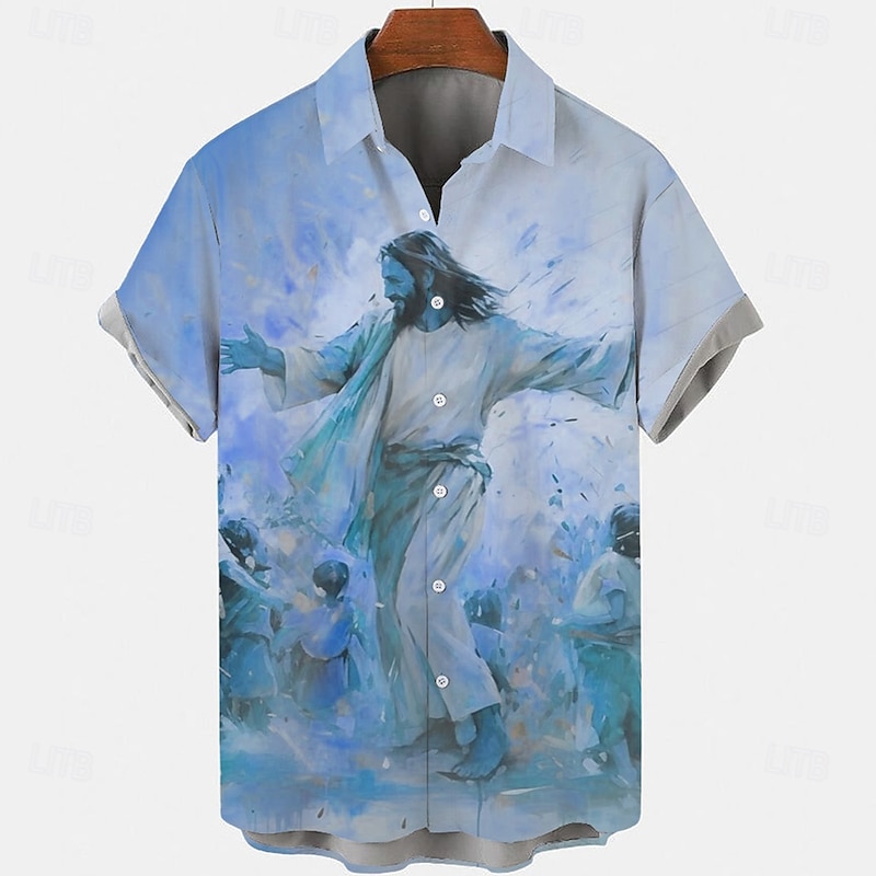 Easter Men's Jesus Shirt Casual Shirt Button Up Shirt Short Sleeve Vintage Retro Vacation Holiday Festival Summer Spring Turndown 3D Print Collared Shirts Purple Khaki2