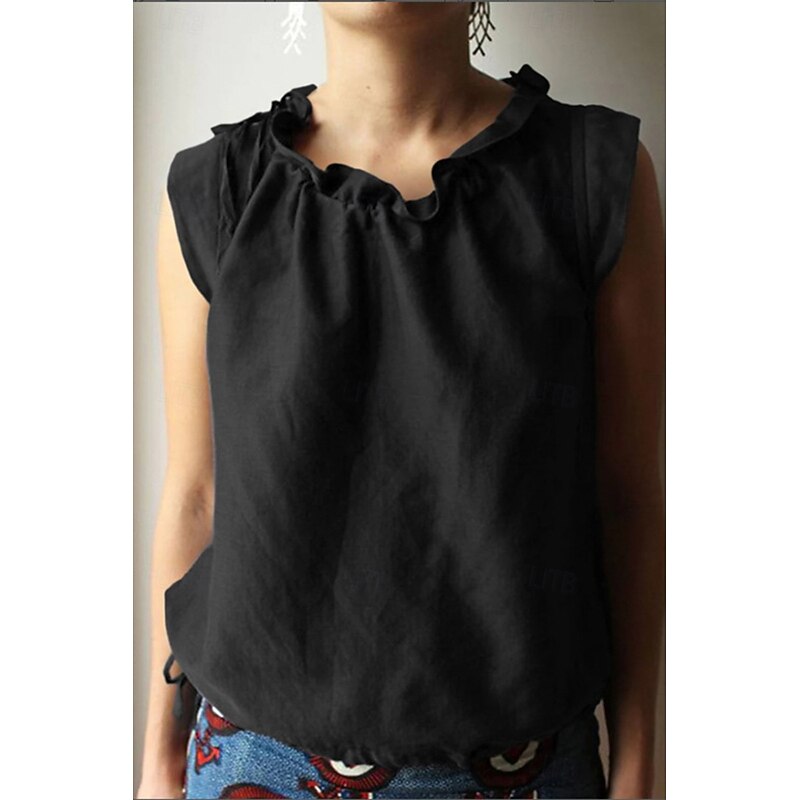 Women's Linen Shirt Blouse Plain Basic Modern Cotton Linen Vest  Crew Neck Regular Tops Daily Holiday Going out Black White Navy Blue Summer