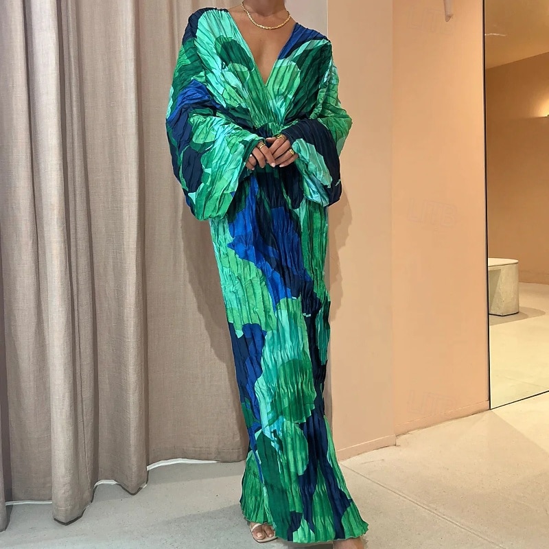 Women's Long Dress Maxi Dress Cocktail Dress Ruched Dress Fashion Party Tea Party Going out Regular Fit Flower Long Sleeve V Neck Green Summer2