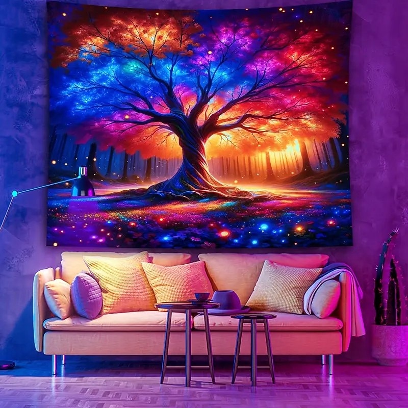 Blacklight Tapestry Glow in the Dark Glow Party UV Reactive Tree of Life Trippy Misty Nature Landscape Hanging Tapestry Wall Art Mural for Living Room Bedroom3