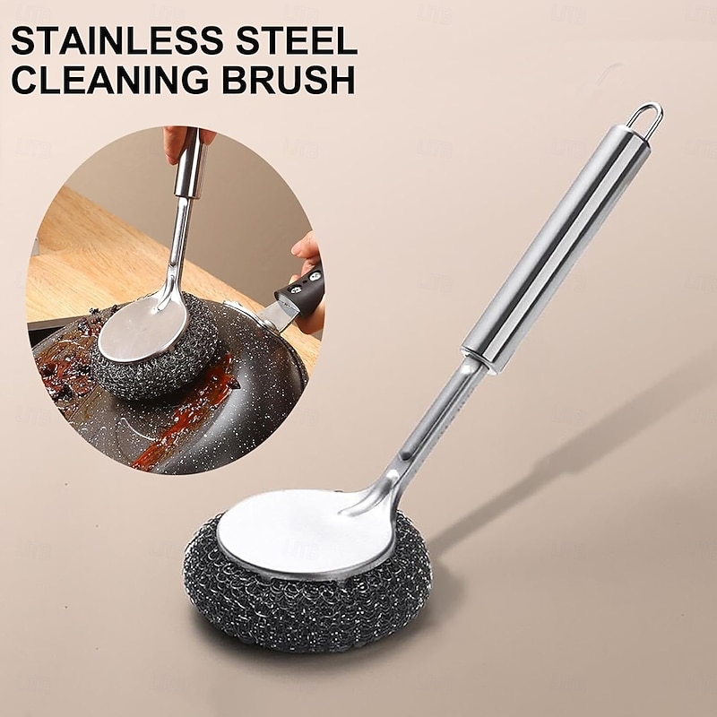 Stainless Steel Pot Brush with Long Handle, Multifunctional Kitchen Artifact Cleaning Pots and Bowls, Stainless Steel Pot Brush, Universal Steel Brush for Pots, Pans, Grills, Sink2