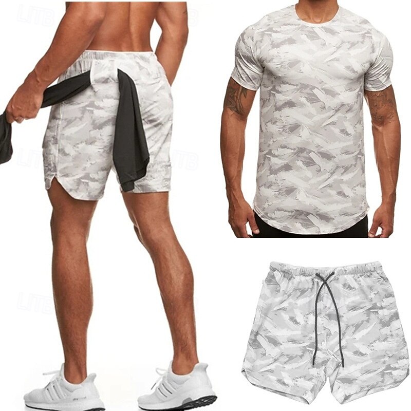 Men's Tracksuit Outfit Set Shorts Crew Neck Outdoor Daily Sports Pocket Drawstring 2 Piece Camouflage White Dark Grey Army Green Polyester Activewear Classic Casual Summer2