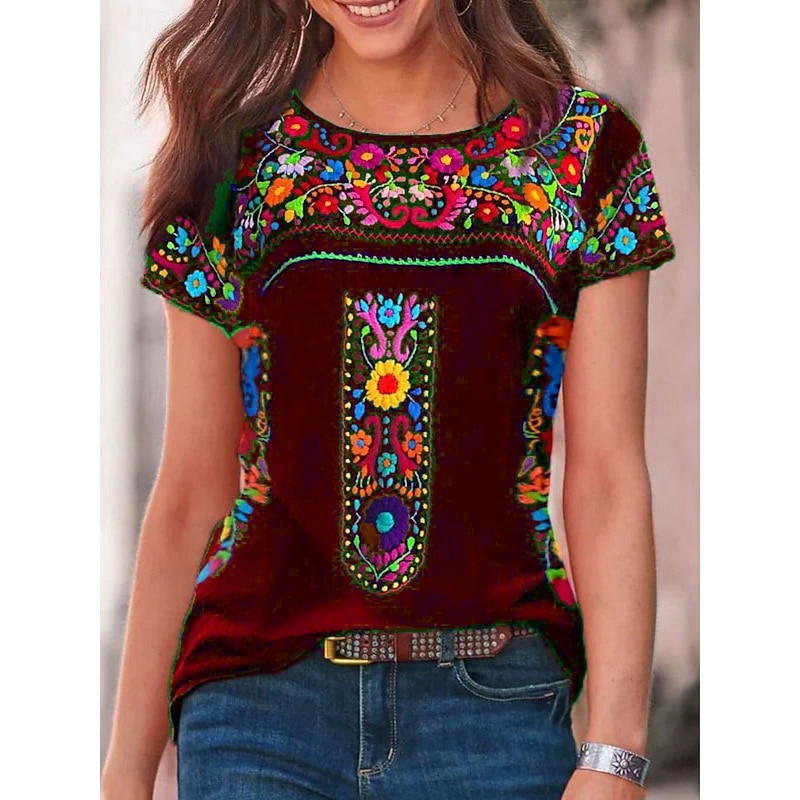 Women's T Shirt Peasant Blouse Floral Bohemia Active Western Short Sleeve Crew Neck Regular Tops Daily Print Black Wine Blue Gray Summer2