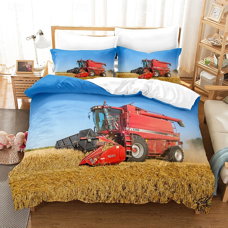 3D Bedding Farm Tractor Print Duvet Cover Bedding Sets Comforter Cover with 1 print Print Duvet Cover or Coverlet，2 Pillowcases for Double/Queen/King2