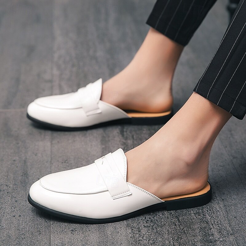 Men's Classic White Faux Leather Mule Loafers - Sleek Slip-On Shoes for Business Casual and Formal Events4