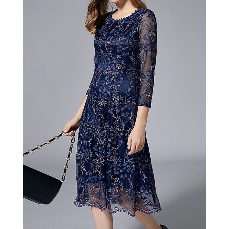 A-Line Dress Mother of the Bride Dress Elegant Vintage Party Crew Neck Tea Length Lace Tulle 3/4 Length Sleeve with Floral Embroidered Lace Applique3