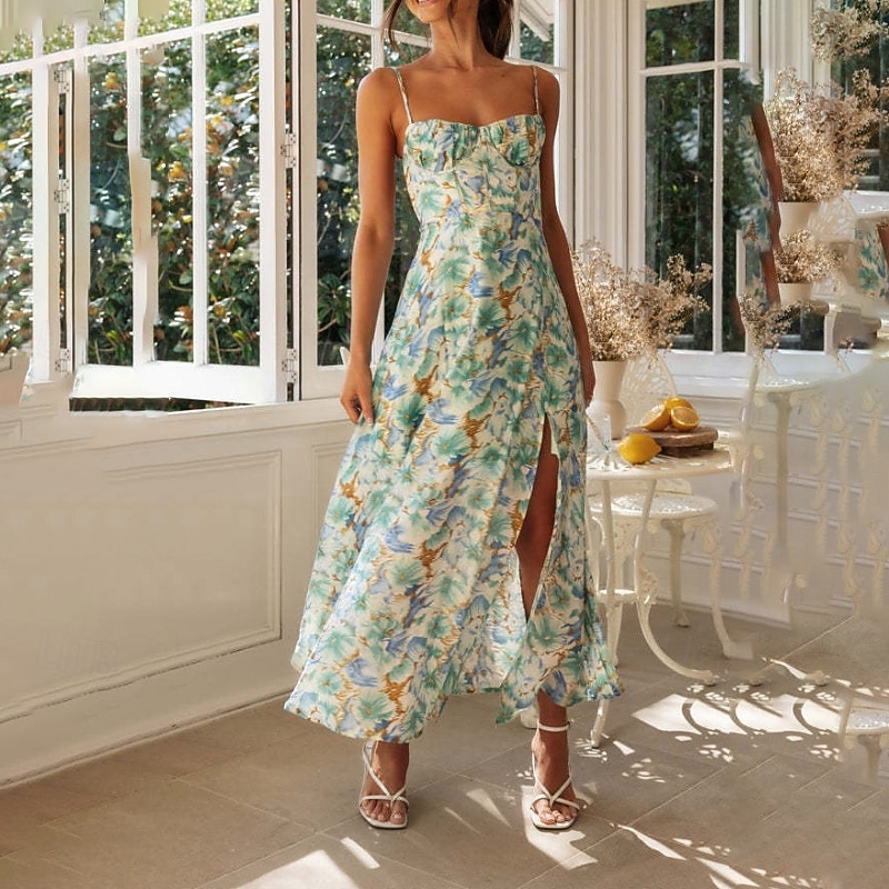 Women's Midi Dress Graduation Dress Floral Dress Slip Dress Fashion Birthday Date Going out Regular Fit Flower Sleeveless Spaghetti Strap Green Summer3