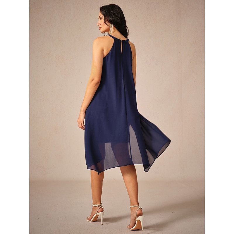 Women's Knee Length Dress Chiffon Dress Elegant Stylish Flowy Party Date Regular Fit Solid Color Sleeveless Halter Neck Navy Blue Summer3