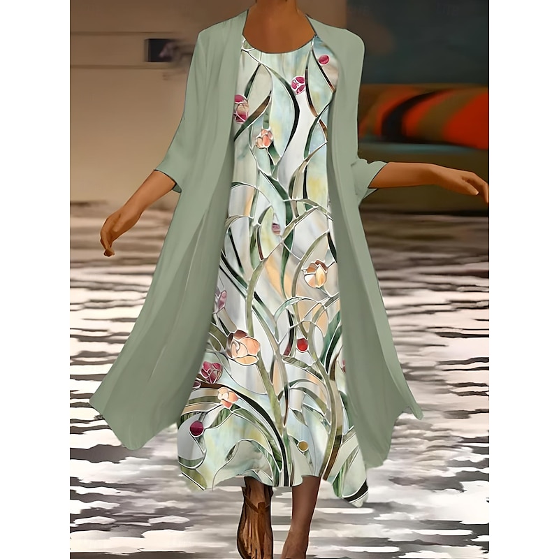 Women's Dress Set Maxi Dress Summer Dress Vacation Casual Ombre Floral Print 3/4 Length Sleeve Crew Neck Wedding Guest Birthday Green Gray Summer Spring Regular Fit