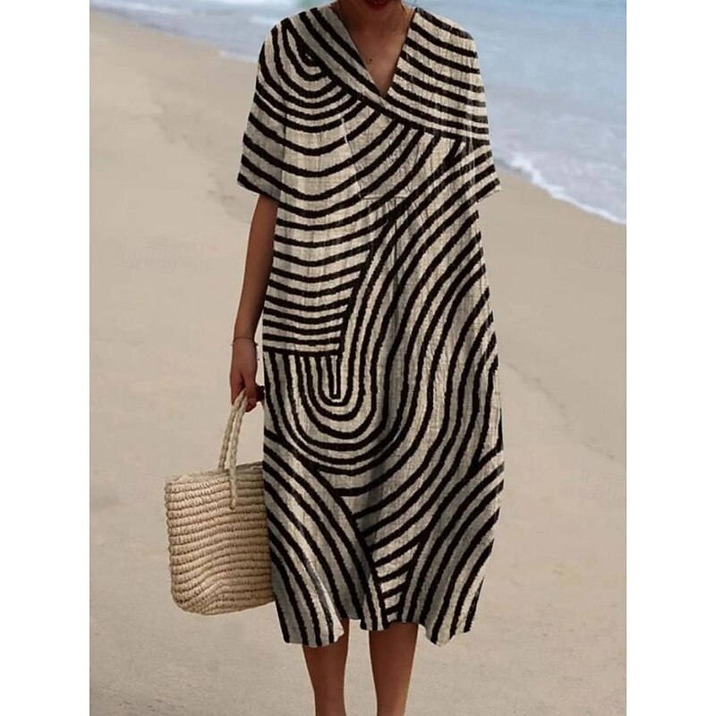 Women's Midi Dress Sundress A Line Dress Vacation Casual Beach linen like Going out Loose Fit Short Sleeve V Neck claret Orange off-white Dark Gray