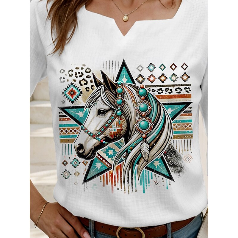 Women's Blouse Graphic Animal Elegant Bohemia 3/4 Length Sleeve Notched Neck Regular Tops Daily Linen Like Going out Print White Summer3