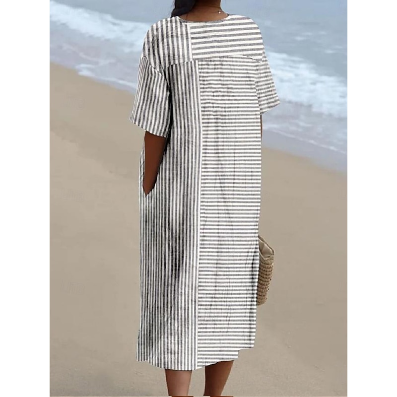 Women's Midi Dress Sundress Vacation Casual Beach Daily Going out Loose Fit Graphic Stripe Short Sleeve V Neck Ash Summer2