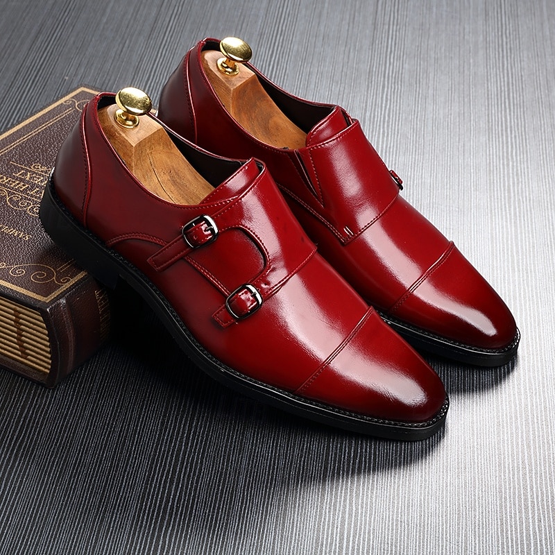 Men's Burgundy Double Monk Strap Faux Leather Shoes - Elegant Slip-On Dress Shoes for Weddings & Formal Occasions2