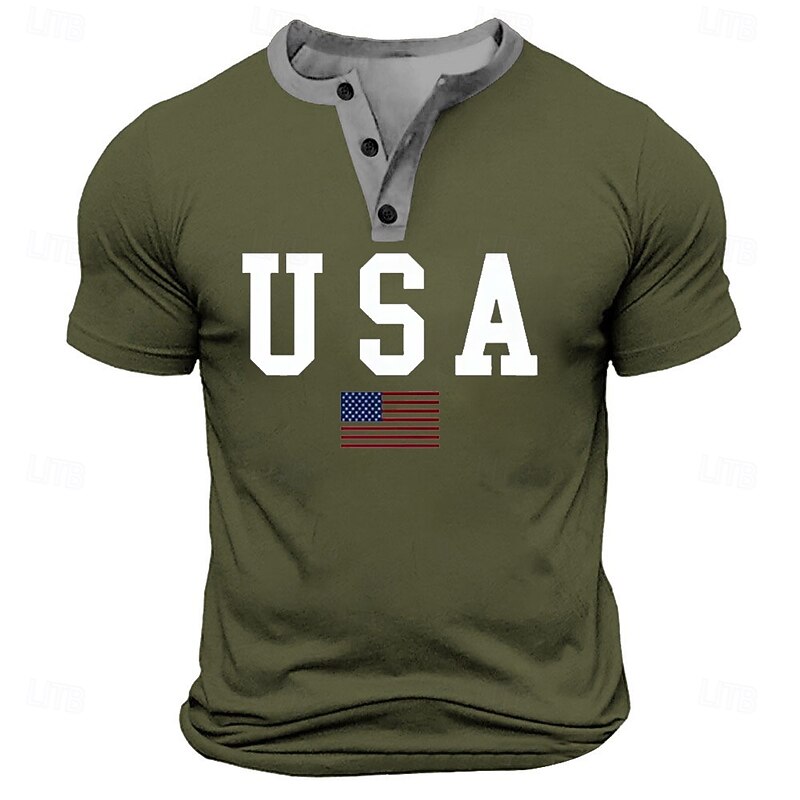 Men's American US Flag USA T Shirt Henley Shirt Short Sleeve Designer Retro Vintage Street Casual Daily Summer Spring Black White Navy Blue Military Green Henley Henley T-Shirt4