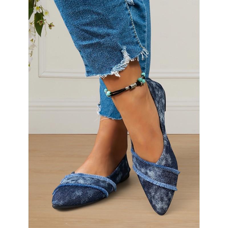 Women's Denim Pointed-Toe Flats - Frayed Fringe Slip-On Shoes for Casual Wear - Main Image