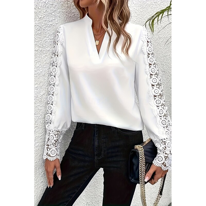 Women's Shirt Plain Daily Stylish Casual Long Sleeve V Neck Regular Tops Daily Holiday Going out Lace Black White Blue Spring