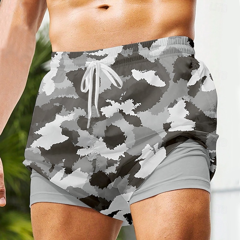 Men's Camouflage Lined Shorts 2 in 1 Board Shorts Swim Trunks Mid Waist Hawaiian Vacation Holiday Beach Wear Side Pockets With Compression Liner Elastic Drawstring Waist Designer Clothing Apparel3