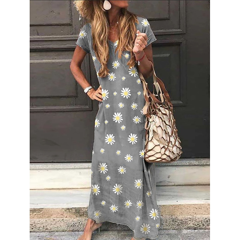 Women's Long Dress Maxi Dress Casual Dress Summer Dress Fashion Vacation Daily Holiday Loose Fit Floral Daisy Short Sleeve V Neck Grey Light Blue Summer