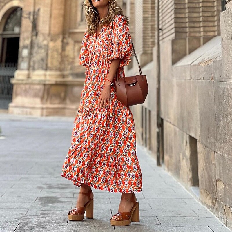 Women's Long Dress Maxi Dress Print Dress Fashion Lantern Sleeve Vacation Holiday Going out Regular Fit Flower Half Sleeve V Neck Purple Orange Rose Red Summer2