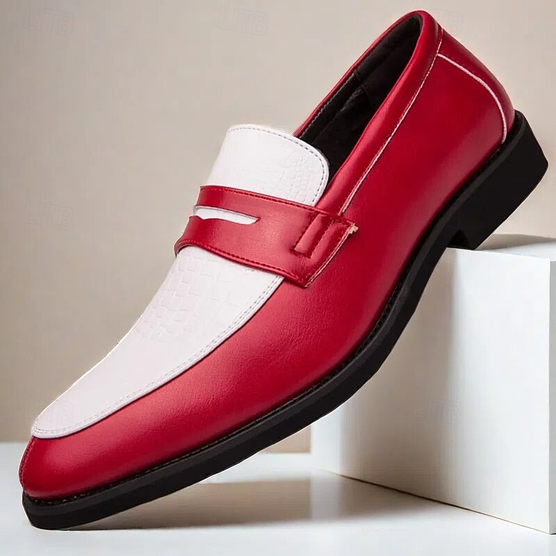 Red and White Faux Leather Loafers for Men - Stylish Two-Tone Dress Shoes for Business and Special Events