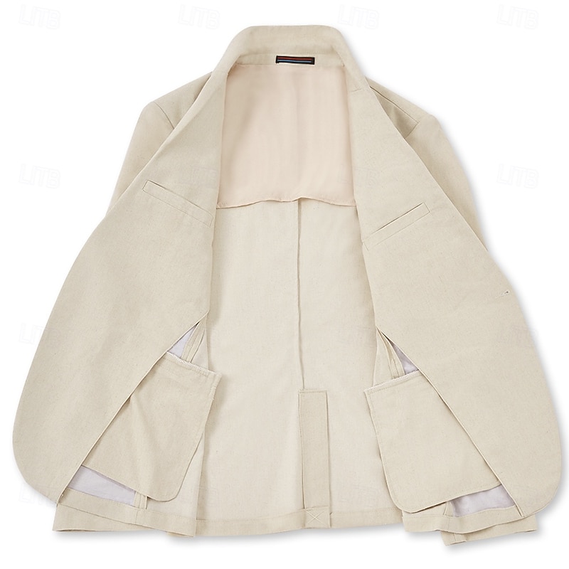 Men's Casual Linen Suits Beige Half Lined Lightweight Summer Solid Colored Standard Fit 2 Piece Single Breasted One-button3