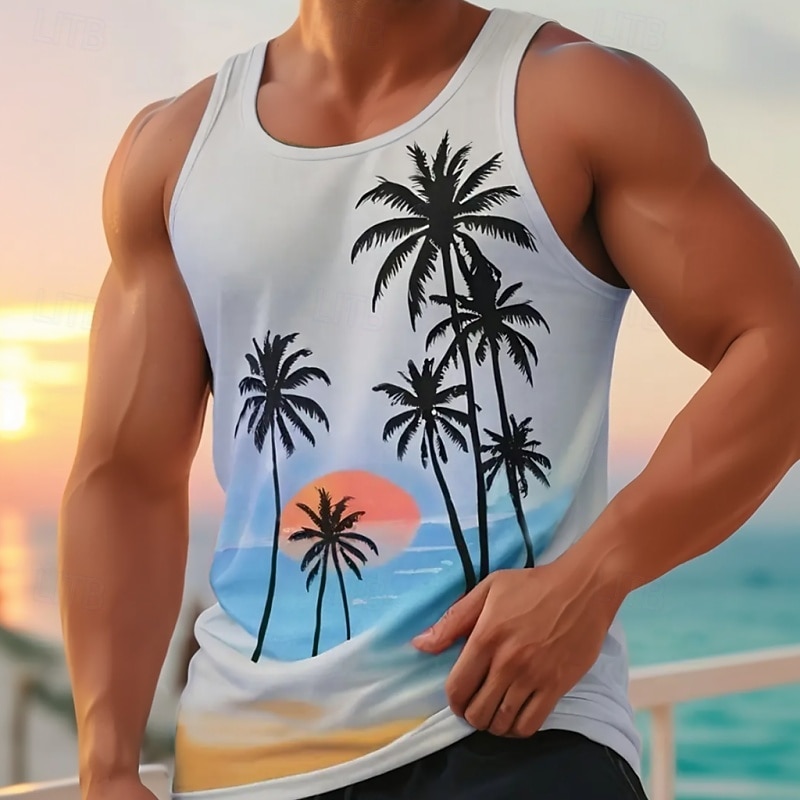 Men's Tank Top Vest Top Undershirt Sleeveless Shirt Sleeveless Crew Neck Summer Coconut Tree Sports Fashion Comfortable Print Casual Beach Gym Pink Blue Top Tee for Men - Main Image