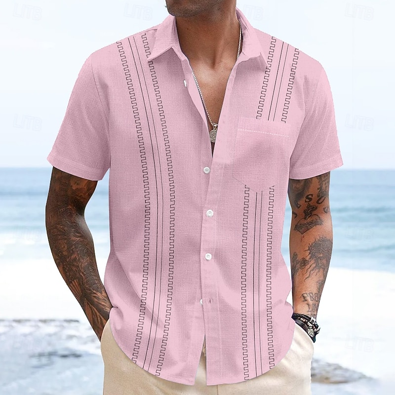 Men's Geometric Shirt Guayabera Shirt Button Up Shirt Short Sleeve Fashion Casual Vacation Dailywear Beach Wear Summer Spring Turndown 3D Print Collared Shirts Front One Pocket White Pink Blue3