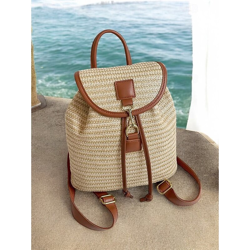 Straw Backpack for Women – Boho Woven Rattan Travel Bag with Leather Straps, Chic Summer Beach Rucksack, Casual Vacation & Daily Use Handbag White Pink Brown2