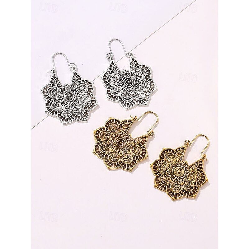 Bohemian Mandala Drop Earrings – Vintage Gold-Plated Hollow Flower Dangle Earrings for Women, Ethnic Statement Jewelry for Festivals, Parties and Everyday Wear4