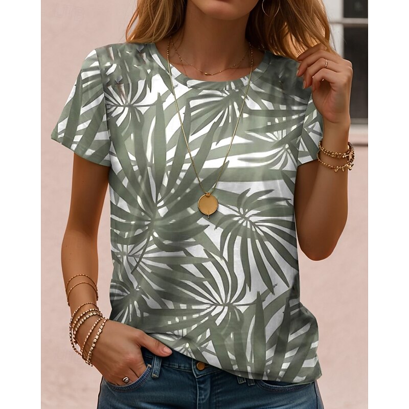 Women's T Shirt Floral Casual Short Sleeve Round Neck Regular Tops Daily Going out Weekend Print Green Summer
