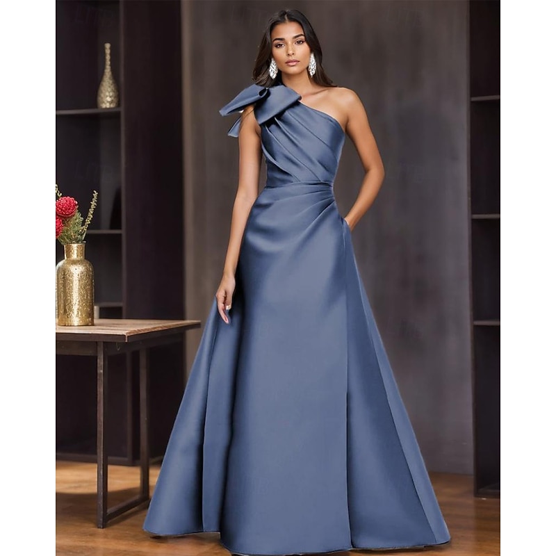 A-Line Evening Gown Elegant Dress Formal Evening Party Floor Length Sleeveless One Shoulder Satin with Bow(s) Pleats4