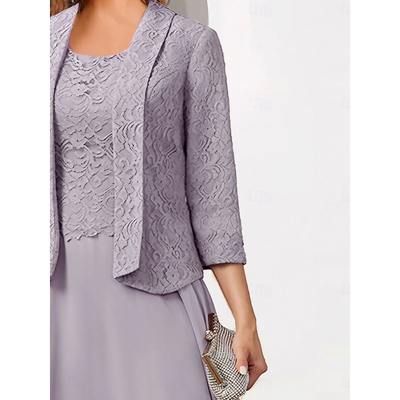 Women's Wedding Guest Cocktail Dress Chiffon Fashion Lace Patchwork Elegant Two Piece Dress Set  Fall Winter Midi Dress Crew Neck 3/4 Length Sleeve Plain Loose Fit Pink2