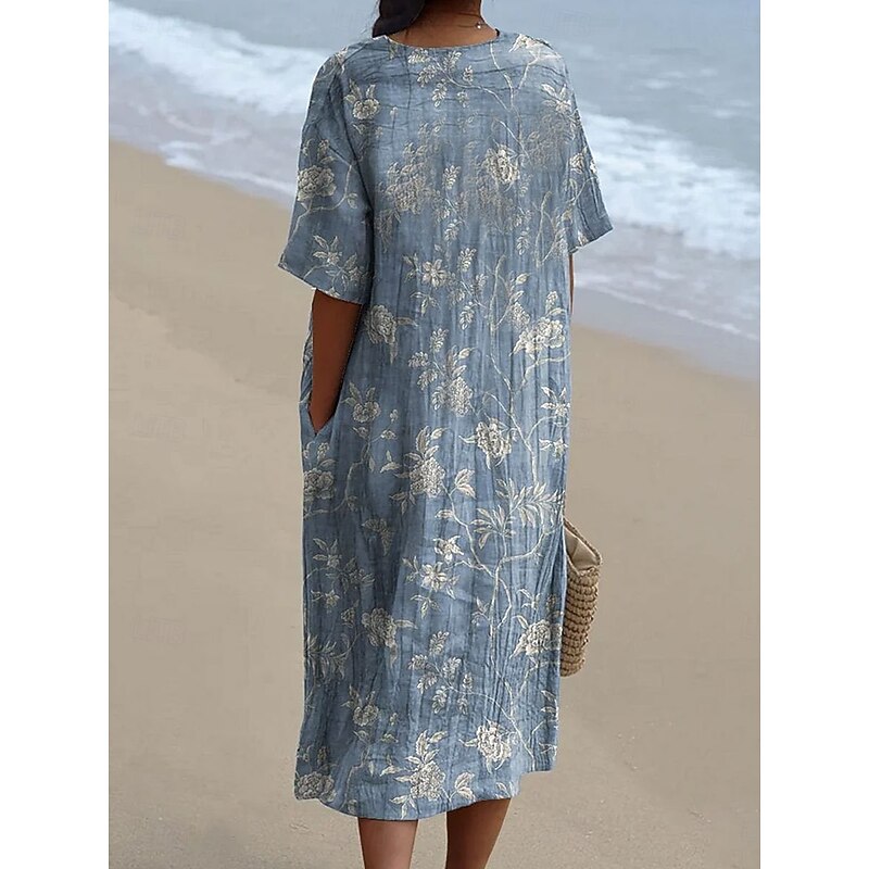 Women's Midi Dress Sundress Vacation Casual Beach Going out Loose Fit Floral Graphic Short Sleeve V Neck White Blue Summer2