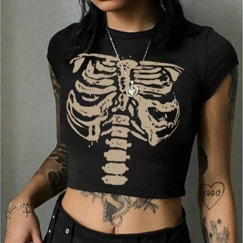 Punk & Gothic Crop Top Tee Goth Girl Skeleton Fancy Dress Women's Halloween Carnival Casual Daily Adults' T-shirt Summer