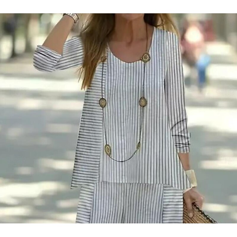 Women's 2 Pieces Basic Neon & Bright Shirt Blouse Linen Like 3/4 Length Sleeve V Neck Striped Print Casual Gray Summer Regular Fit2