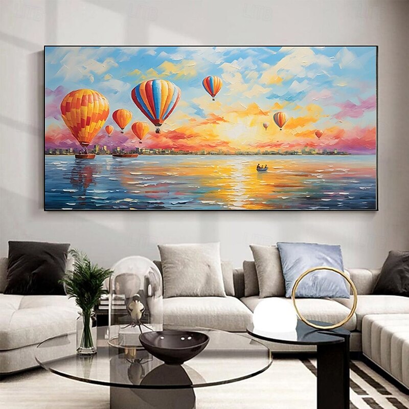 Handmade Oil Painting Canvas Wall Art Decoration Modern Casual Style Abstract Seaside Holiday Hot Air Balloon Scenery for Living Room Home Decor Rolled Frameless Unstretched Painting4