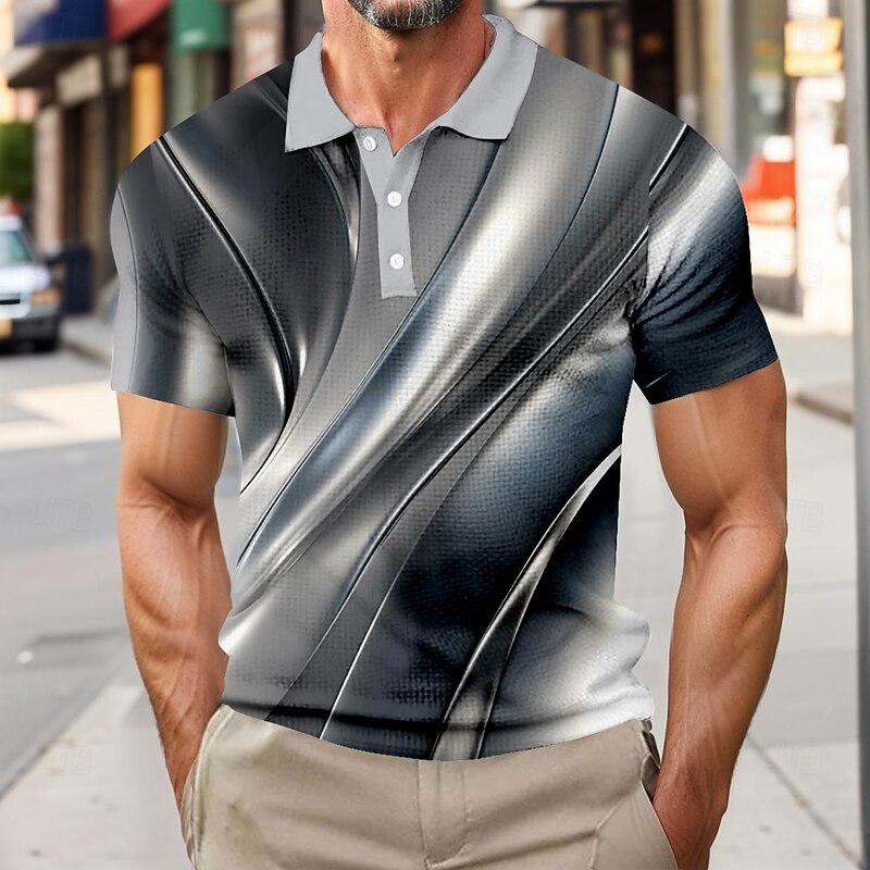 Men's Geometic Line Waffle Polo Shirts Short Sleeve Polo Shirts Collared Shirts Business Casual Outdoor Business Athleisure Buttons 3D Print Summer Gray