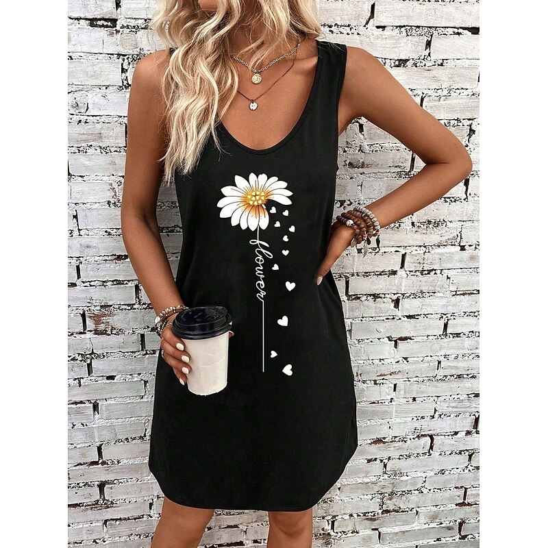 Women's Mini Dress A Line Dress Summer Dress Off The Shoulder Dress Vacation Casual Daily Loose Fit Floral Graphic Sunflower Sleeveless U Neck Black Summer2